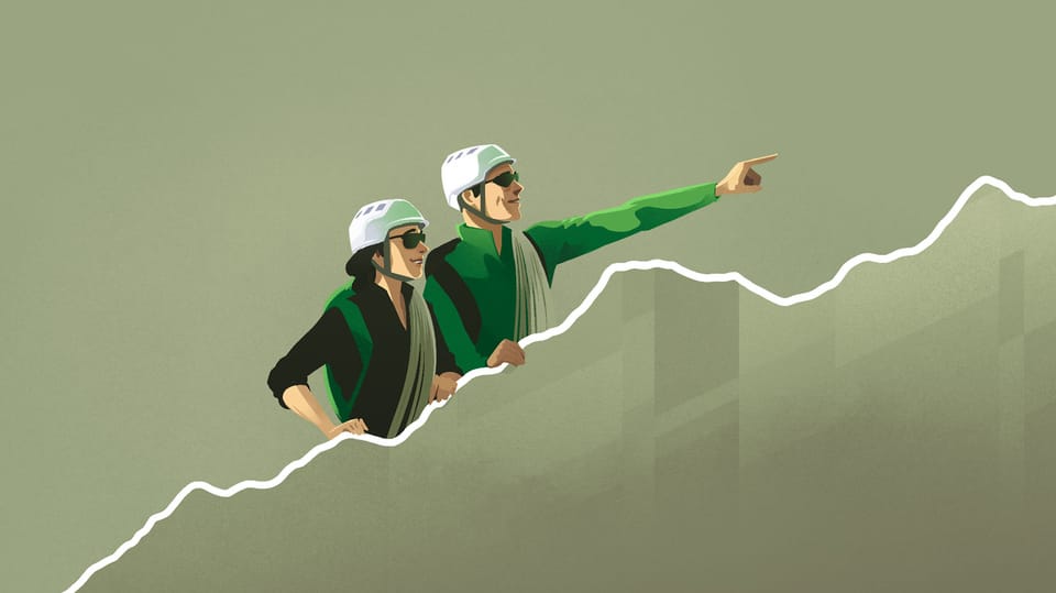Illustration von zwei Wanderern welche über eine steigende Börsenkurve schauen