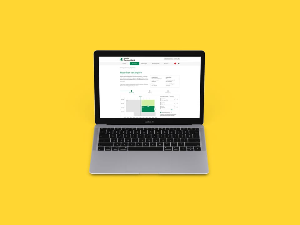Laptop mit geöffneter Webseite zur Online Verlängerung der Hypothek bei der St.Galler Kantonalbank